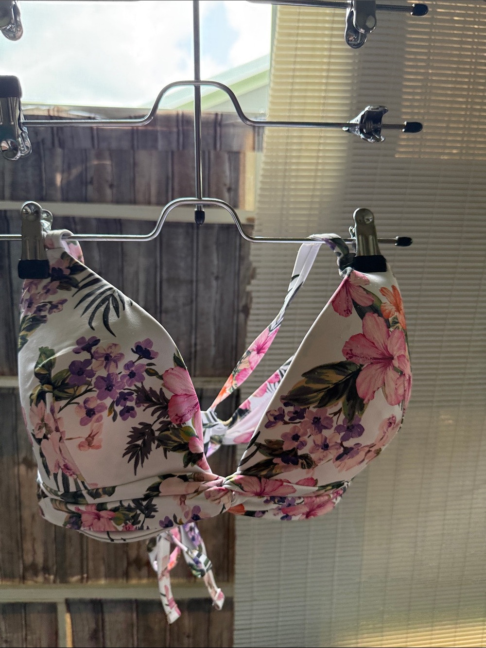 Shade & Shore White Floral Tie-Back Bikini Top with Pink and Purple Blooms
